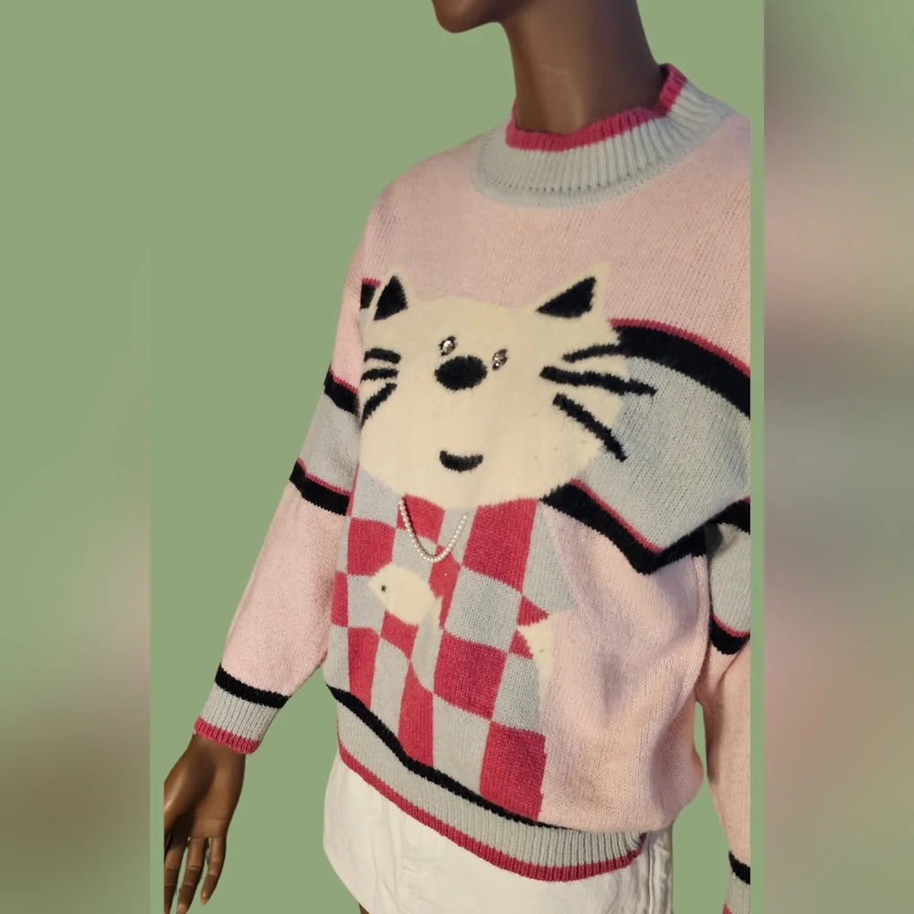 Vintage Pink Cat and fish Sweater size M with pearls details adorable and unique - Picture 4 of 8